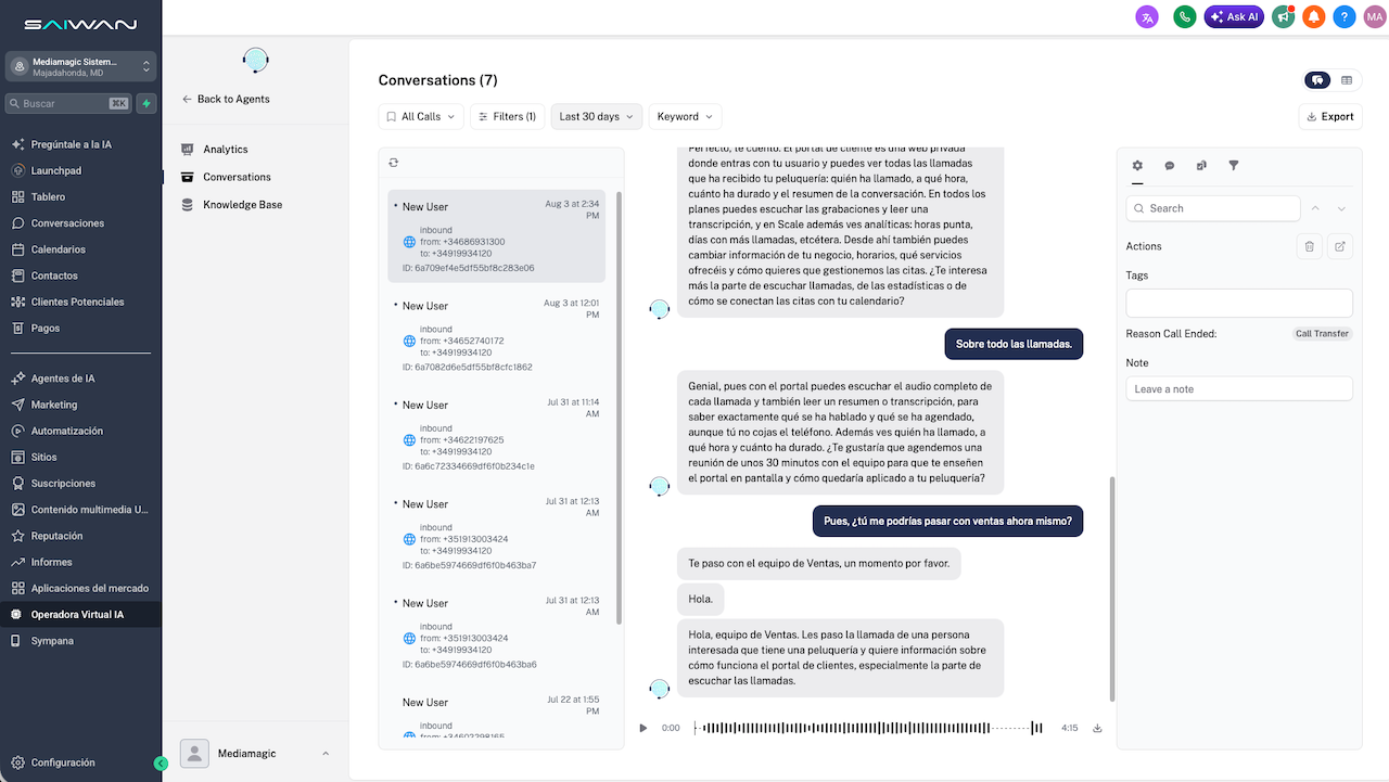 Agente de IA de SAIWAN integrado con TelefonistIA